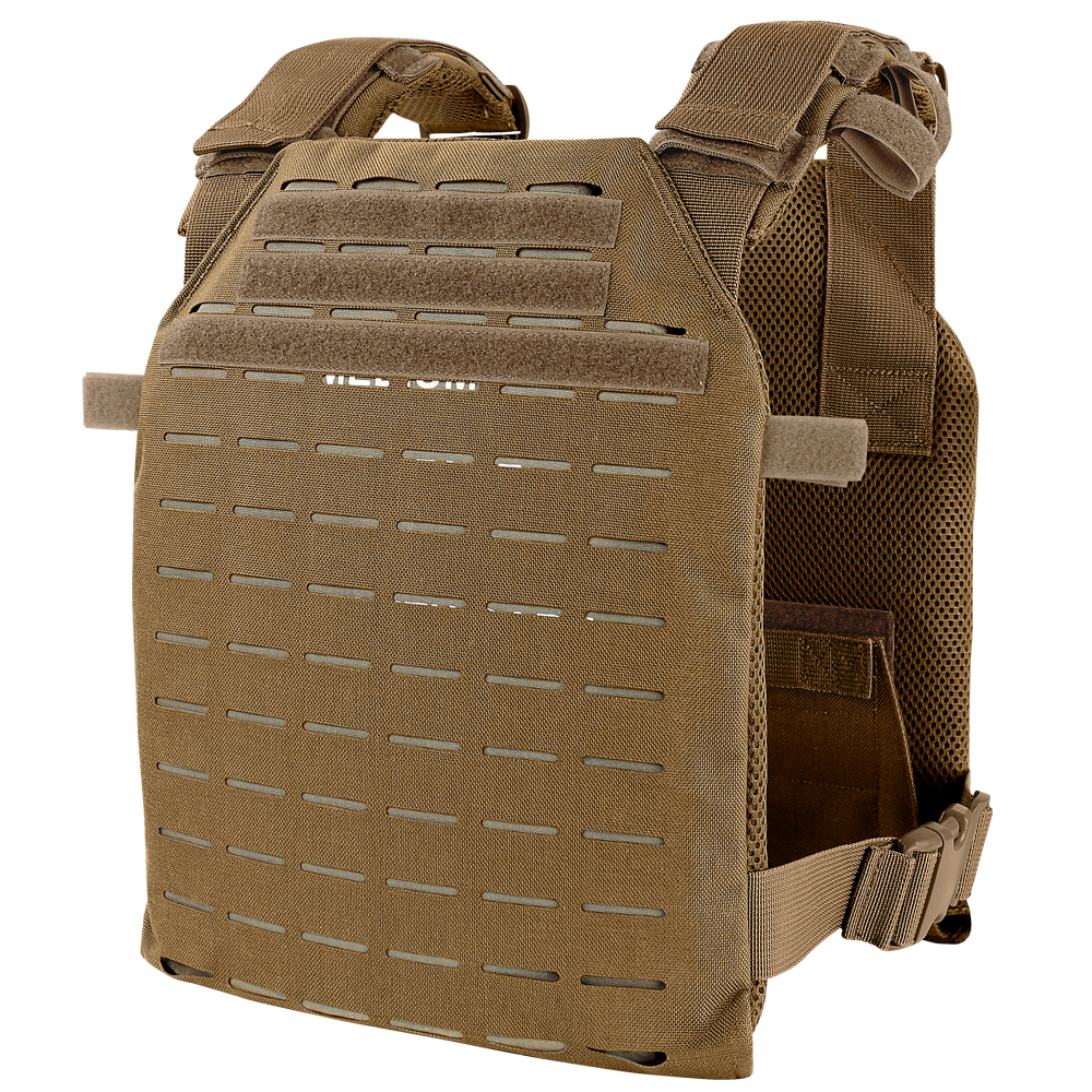 The Condor LCS Sentry Plate Carrier features adjustable shoulder straps, laser-cut MOLLE slots, and mesh interior padding—perfect for military and law enforcement use.