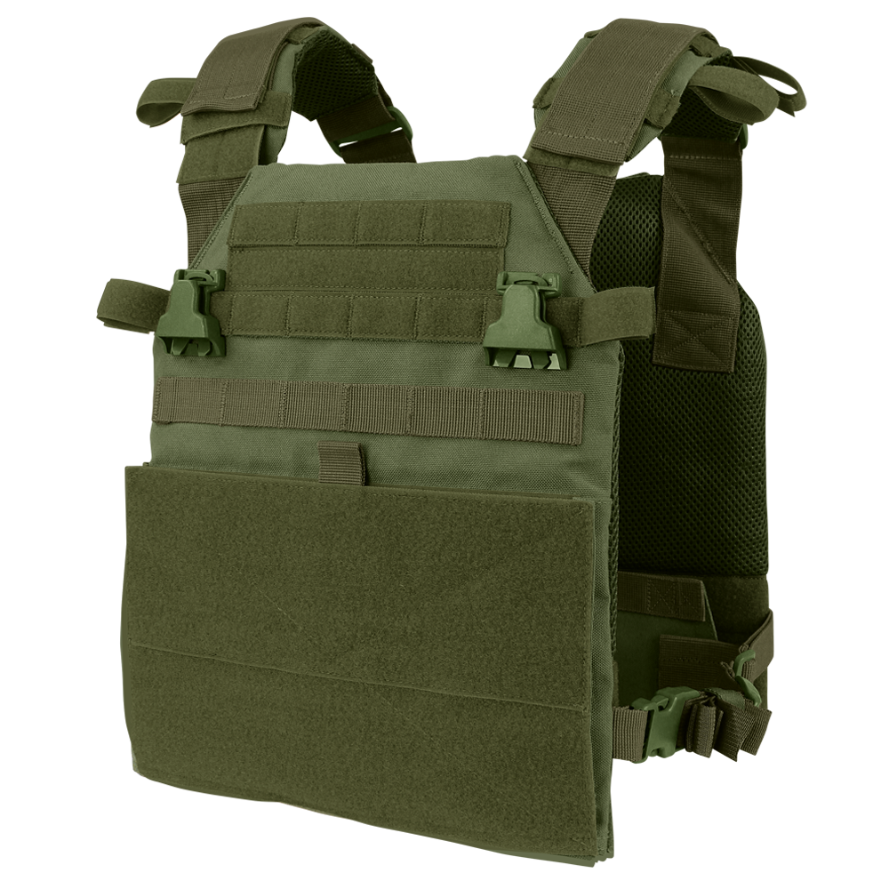 The Condor Vanquish Plate Carrier in Olive Drab features adjustable shoulder straps, MOLLE webbing, and quick-release buckles, shown on a plain background.
