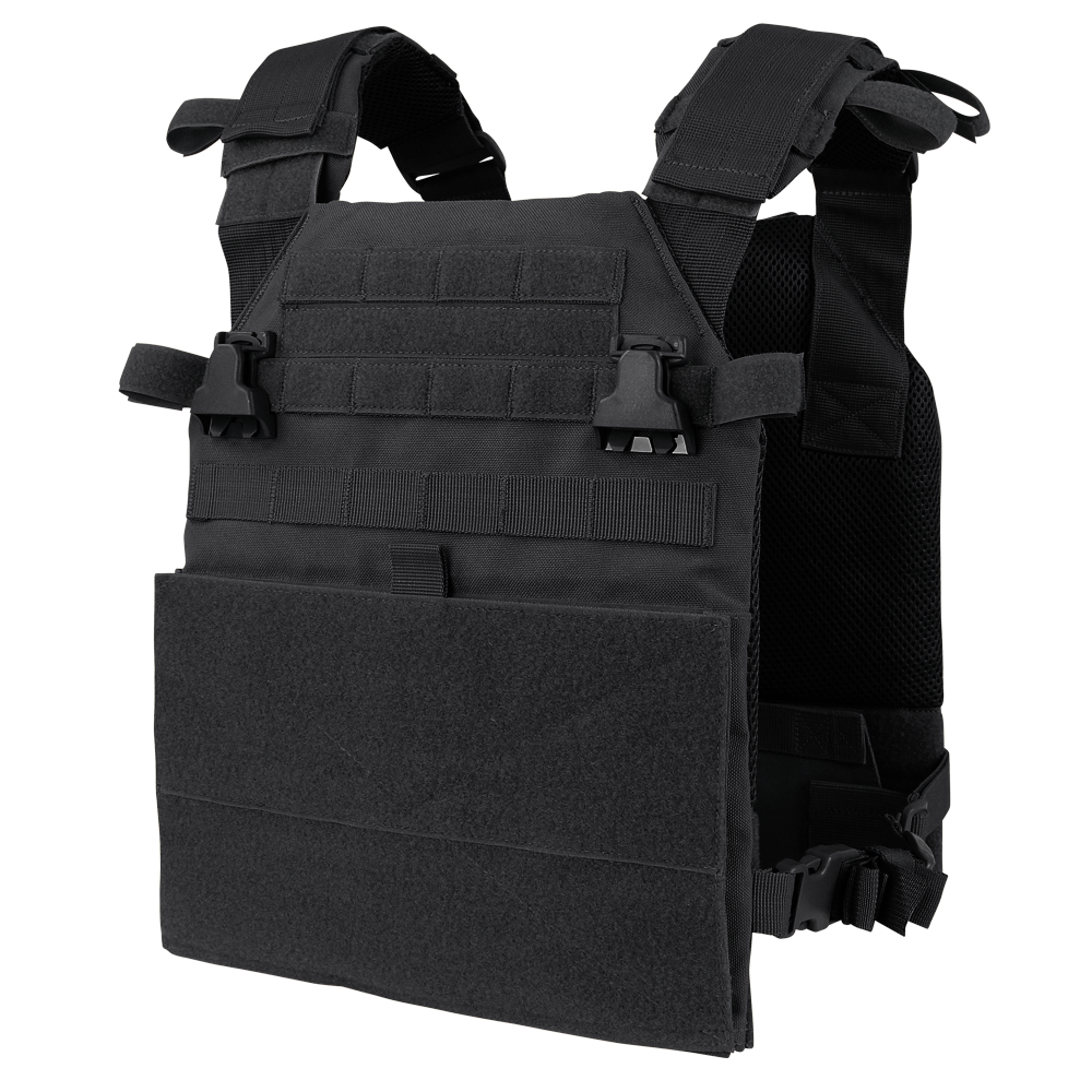 The Condor Vanquish Plate Carrier in black features adjustable shoulder and side straps for a secure fit and a modular design for customizable attachments, shown against a white background.