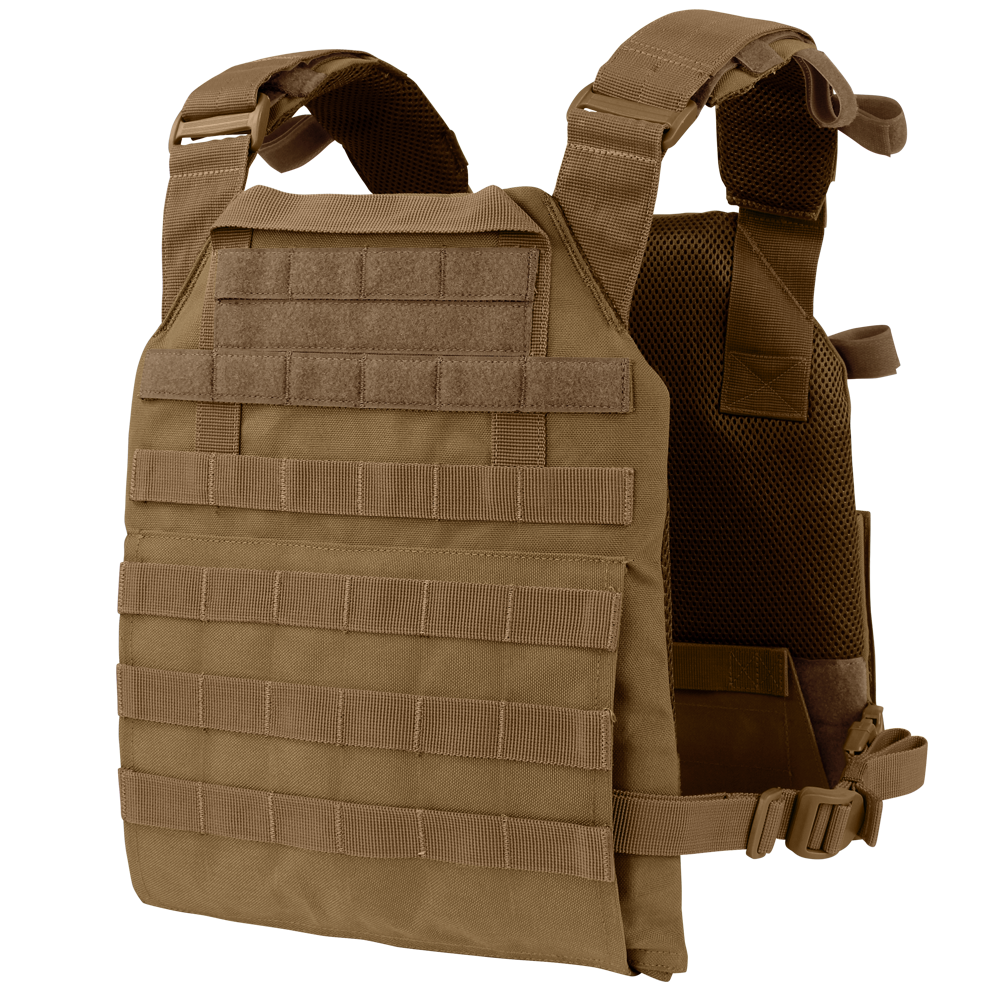 The Condor Vanquish Plate Carrier in tan features adjustable shoulder straps, customizable front Velcro patch areas, and horizontal webbing for attachments, offering a modular design for versatile tactical use.