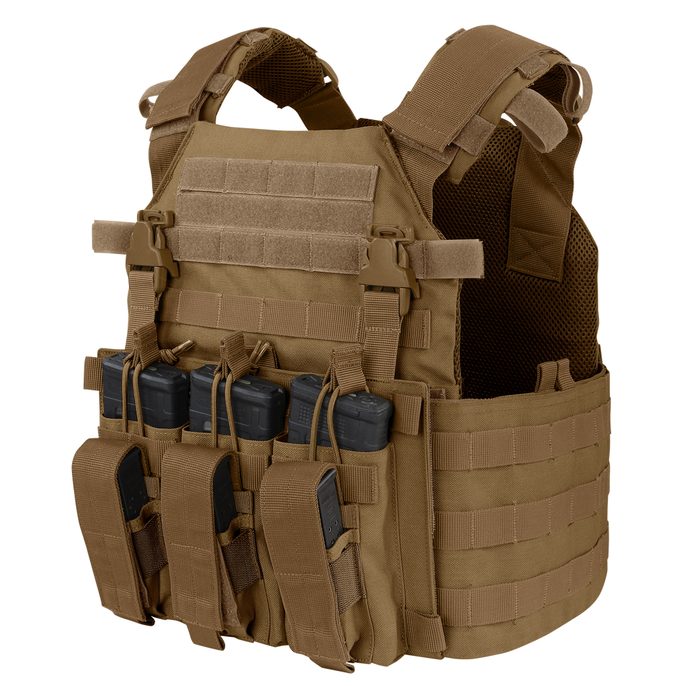 Condor Vanquish Plate Carrier in tan features a modular design with multiple pouches for black rifle magazines, displayed on a white background.