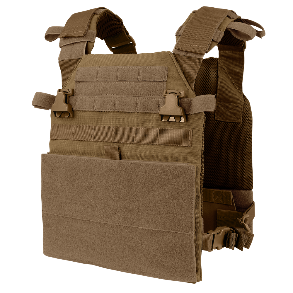 The Condor Vanquish Plate Carrier in Coyote Brown features adjustable shoulder straps, front MOLLE webbing, side buckles, and a modular design for customizable ballistic plate and gear attachment configurations.
