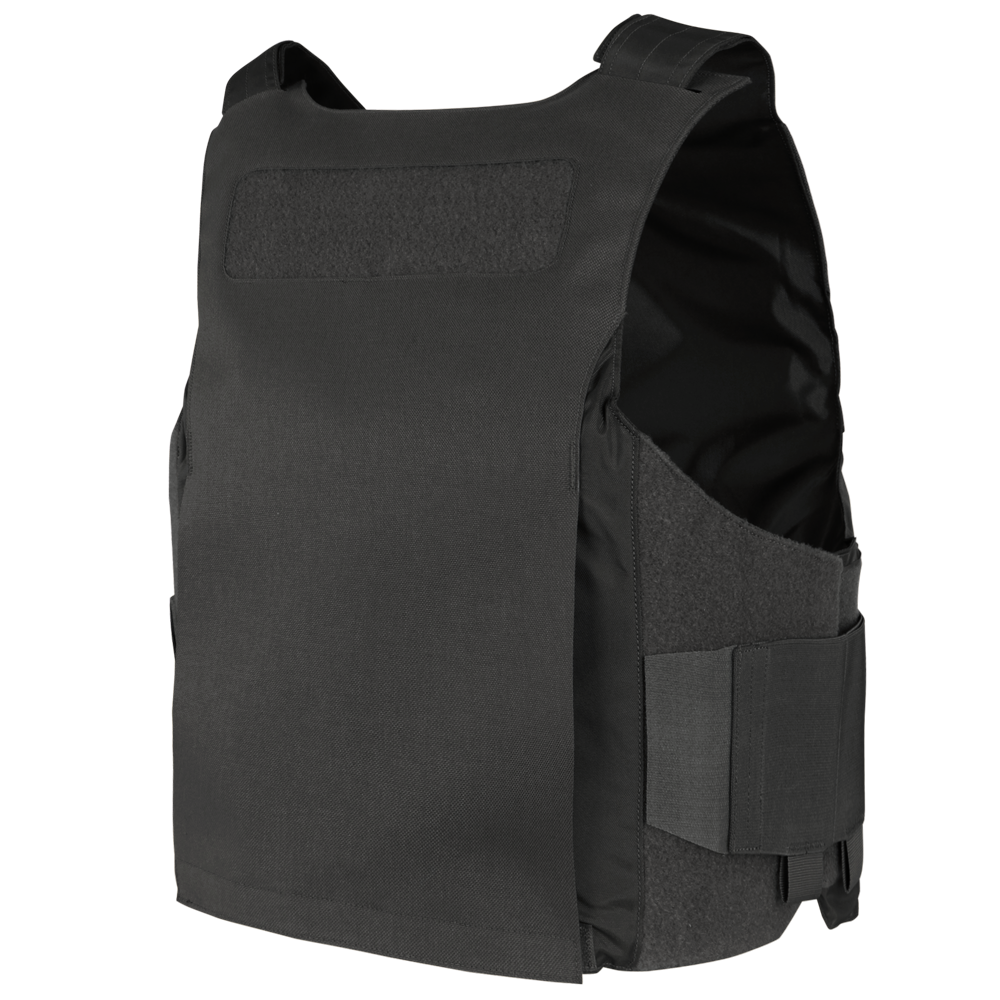 The Condor LCS Vanquish LT Plate Carrier in tactical black, featuring adjustable side straps, is ideal for law enforcement and first responders, shown here against a plain background.
