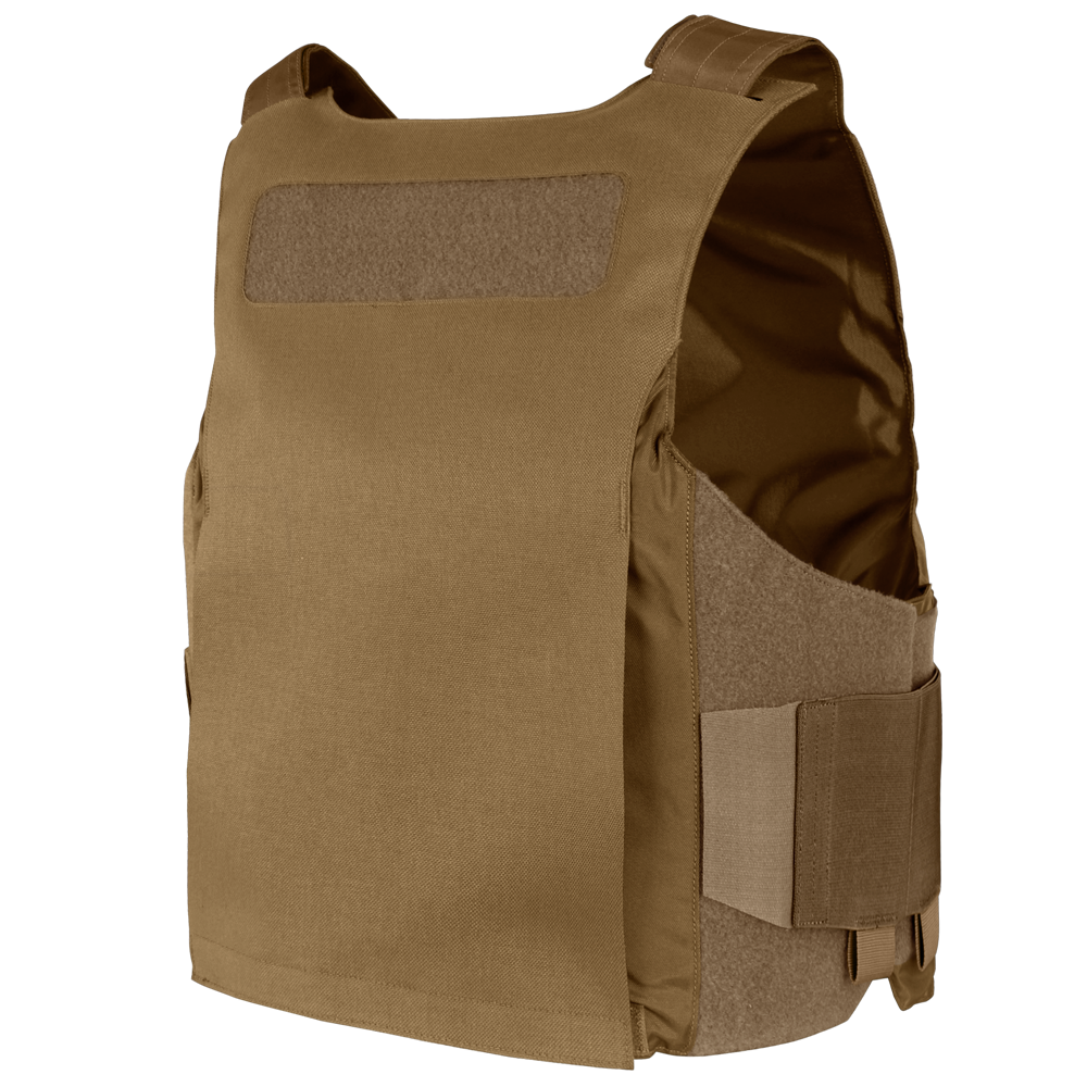 The Condor LCS Vanquish LT Plate Carrier is a tan tactical vest with adjustable shoulder straps and side panels, designed for personal protection of military and law enforcement personnel.