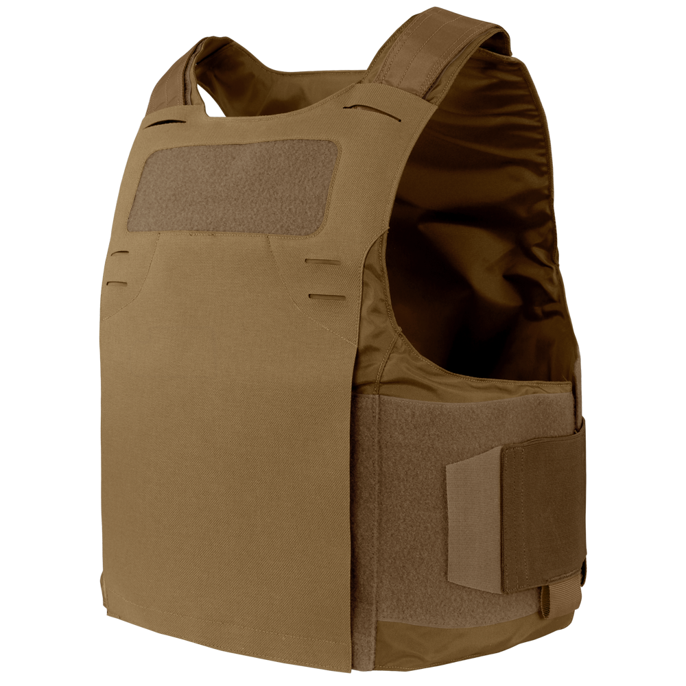 The Condor LCS Vanquish LT Plate Carrier is a tan tactical vest with adjustable shoulder straps and side panels, designed for military use, shown against a plain background.