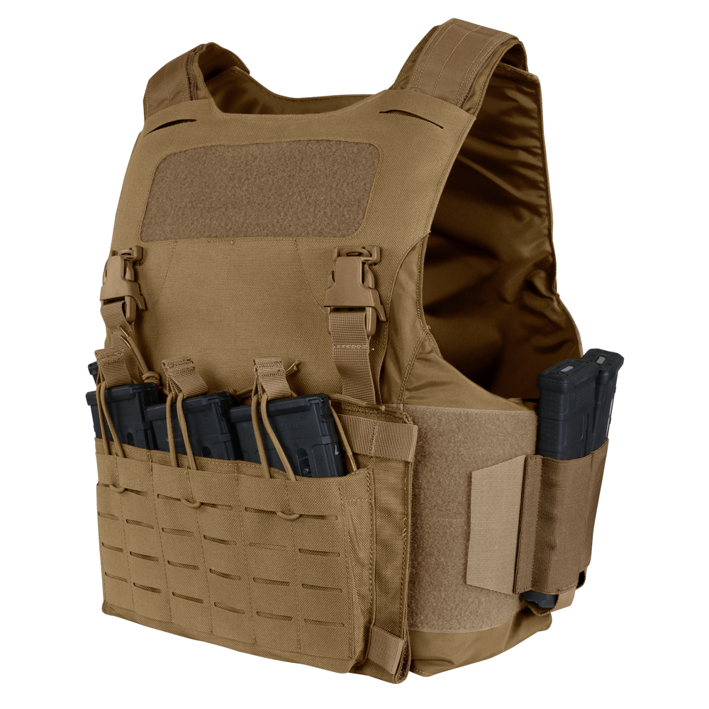 The Condor LCS Vanquish LT Plate Carrier is a tan tactical vest designed for military or law enforcement, featuring multiple front and side pouches to hold several rifle magazines.