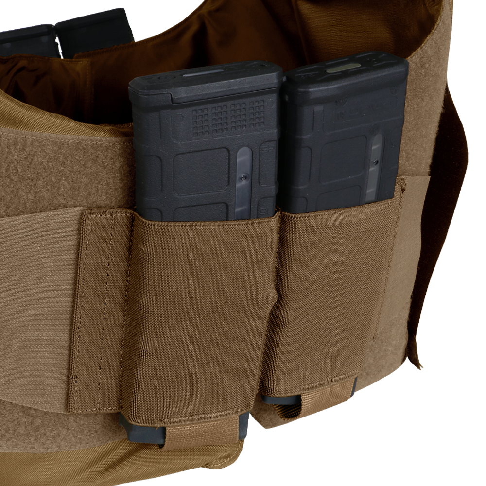 Two black rifle magazines are secured in tan fabric pouches on the Condor LCS Vanquish LT Plate Carrier, a tactical vest designed for law enforcement and tactical use.