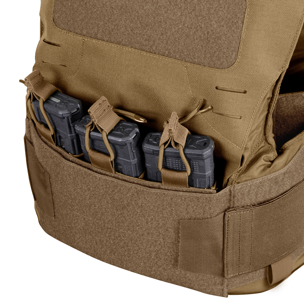 The Condor LCS Vanquish LT Plate Carrier in tan is built for military and tactical use, featuring three black rifle magazines held in front pouches with secure straps and hook-and-loop fasteners.