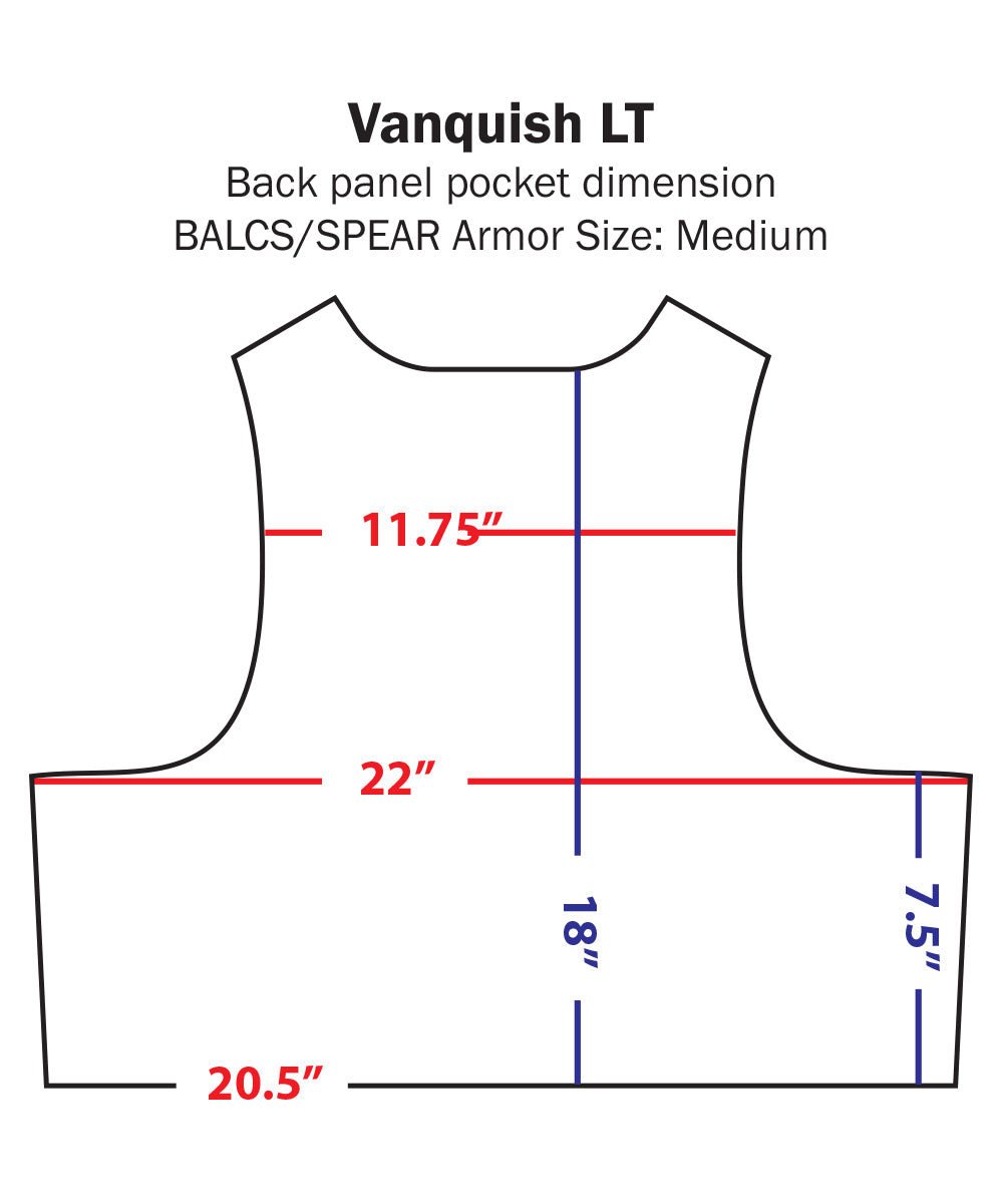 Diagram of Condor LCS Vanquish LT Plate Carrier back panel pocket: 11.75 top width, 22 chest width, 20.5 bottom width, 18 height, and 1.5 side height—designed for law enforcement and military use.