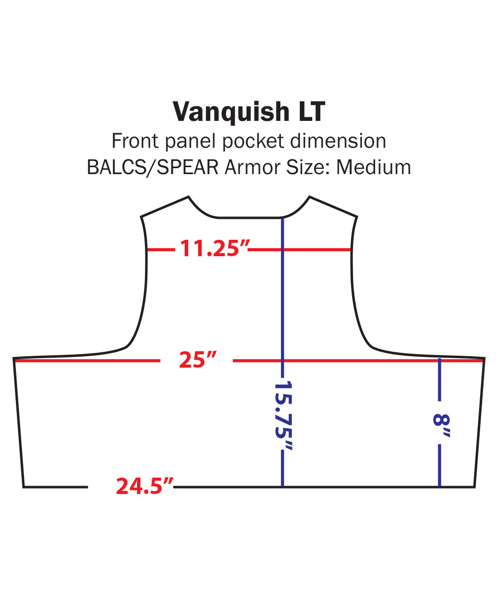 Diagram of a Condor LCS Vanquish LT Plate Carrier front panel pocket for medium armor, with labeled dimensions: 11.25, 25, 15.75, 8, and 24.5—ideal for first responders or law enforcement.