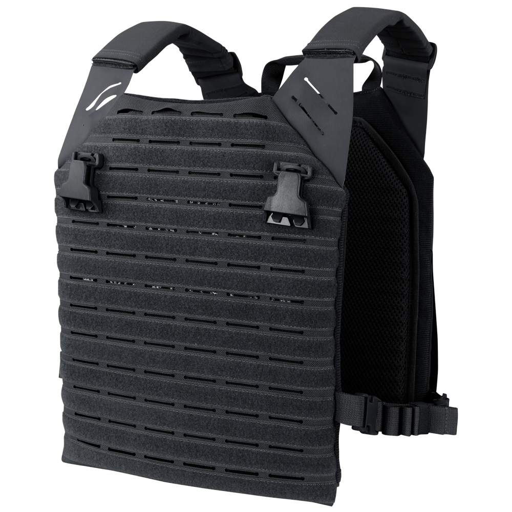 The Condor Elite LCS Vanquish Plate Carrier by Condor is a black tactical vest with adjustable shoulder straps, quick-release buckles, and laser-cut MOLLE panels, designed for military and law enforcement use.