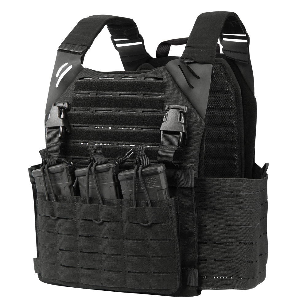 The Condor Elite LCS Vanquish Plate Carrier by Condor is a black tactical vest with adjustable straps and multiple front magazine pouches, designed for military and law enforcement use.