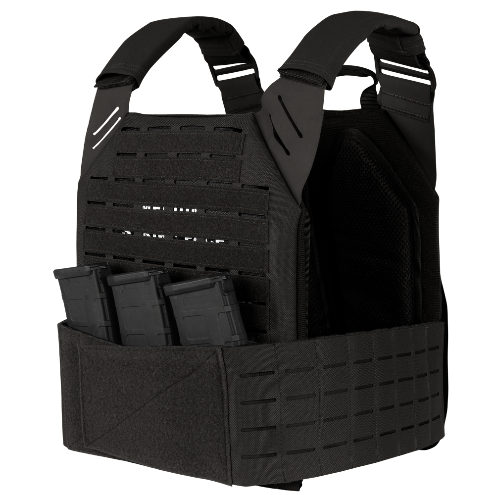 The Condor Elite LCS Vanquish Plate Carrier by Condor features adjustable shoulder straps, MOLLE webbing, and three front rifle mag pouches—ideal for military or first responder use.