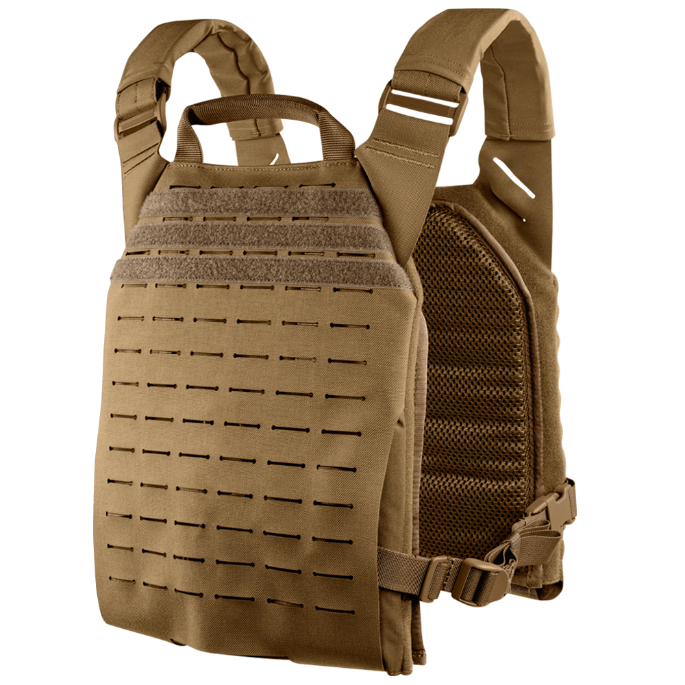 The Condor Elite LCS Vanquish Plate Carrier by Condor features adjustable shoulder straps, MOLLE webbing, mesh side panels, and a front handle—designed for armor protection and ideal for first responders or law enforcement.