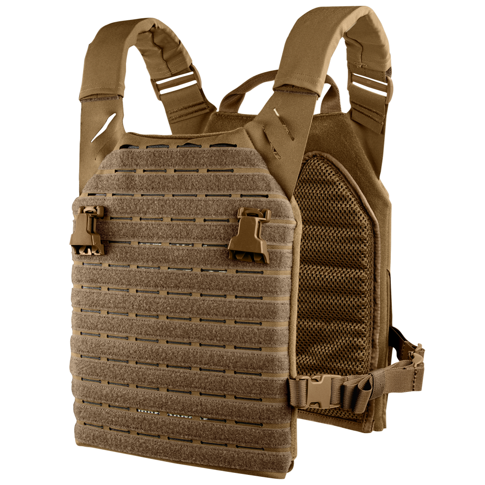 The Condor Elite LCS Vanquish Plate Carrier by Condor features adjustable shoulder straps, mesh padding, and laser-cut MOLLE panels for modular attachments—perfect for first responders or versatile range EDC setups.