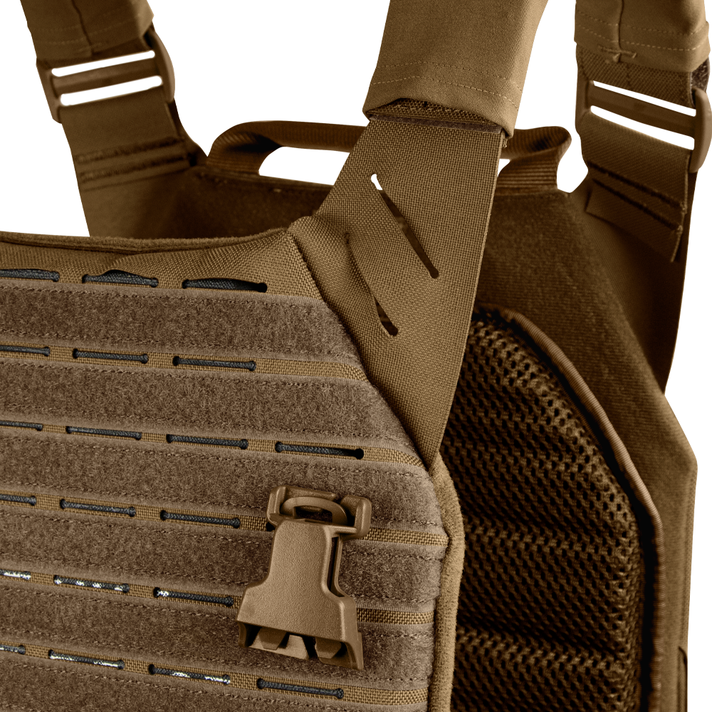 Close-up of the Condor Elite LCS Vanquish Plate Carrier by Condor, showing MOLLE webbing, quick-release buckle, and reinforced stitching in tan—engineered for military and law enforcement professionals.