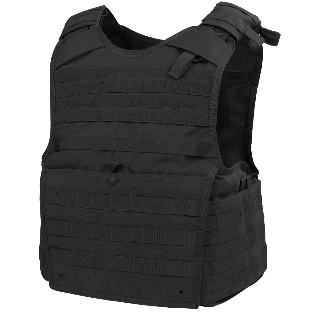 The Condor Enforcer Releasable Plate Carrier is a black tactical vest with adjustable shoulder straps and multiple MOLLE webbing rows, designed for military or first responder EDC needs.