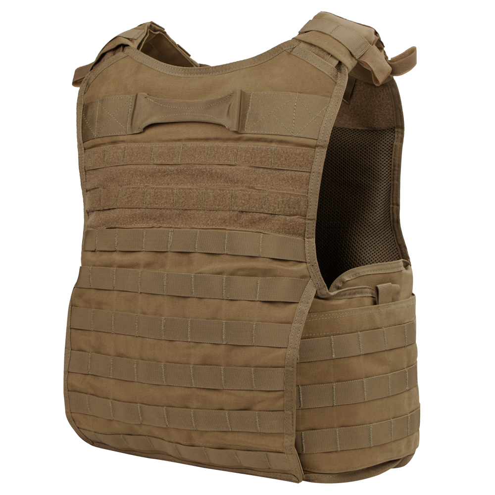 The Condor Enforcer Releasable Plate Carrier is a tan vest with MOLLE webbing, shoulder straps, and a grab handle, designed for military or first responder use to carry gear and protective plates.