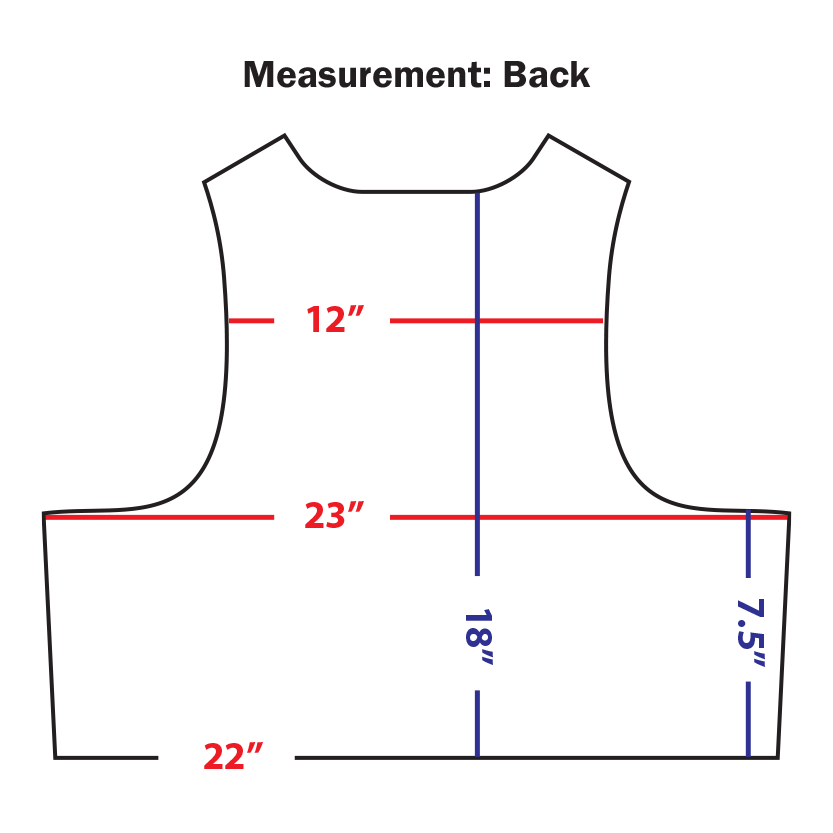 Diagram of the Condor Enforcer Releasable Plate Carrier’s back, essential for first responders EDC gear, shows measurements: 12 upper back, 23 and 22 widths, 18 height, and 7.5 side length—all with labeled lines.