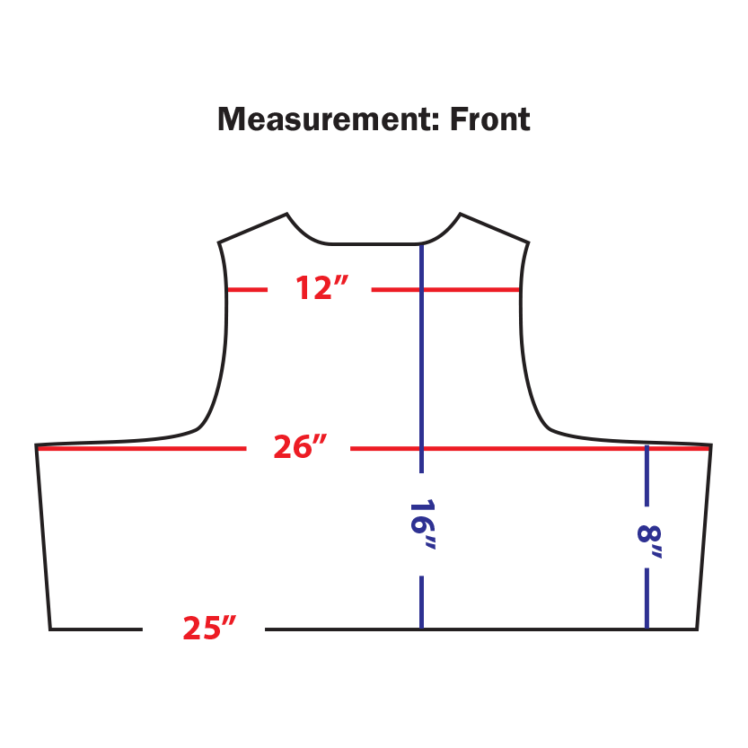 Diagram of the Condor Enforcer Releasable Plate Carrier front pattern with these measurements: shoulder width 12, chest width 26, length 16, side length 8, bottom width 25. Perfect for EDC or shooting range gear design.