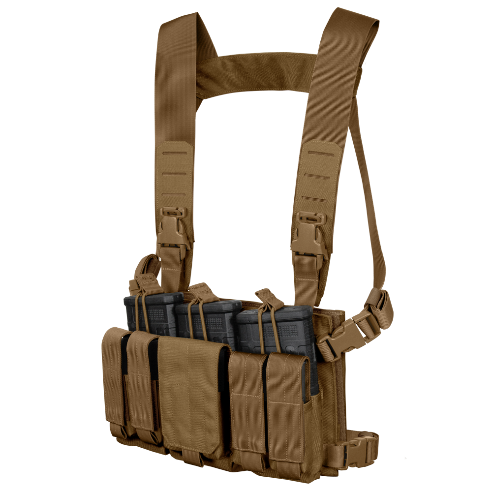 The Condor LCS VAS Harness Kit is a brown tactical chest rig with adjustable shoulder straps, designed for law enforcement or shooting ranges, and holds four rifle magazines in its front pockets.