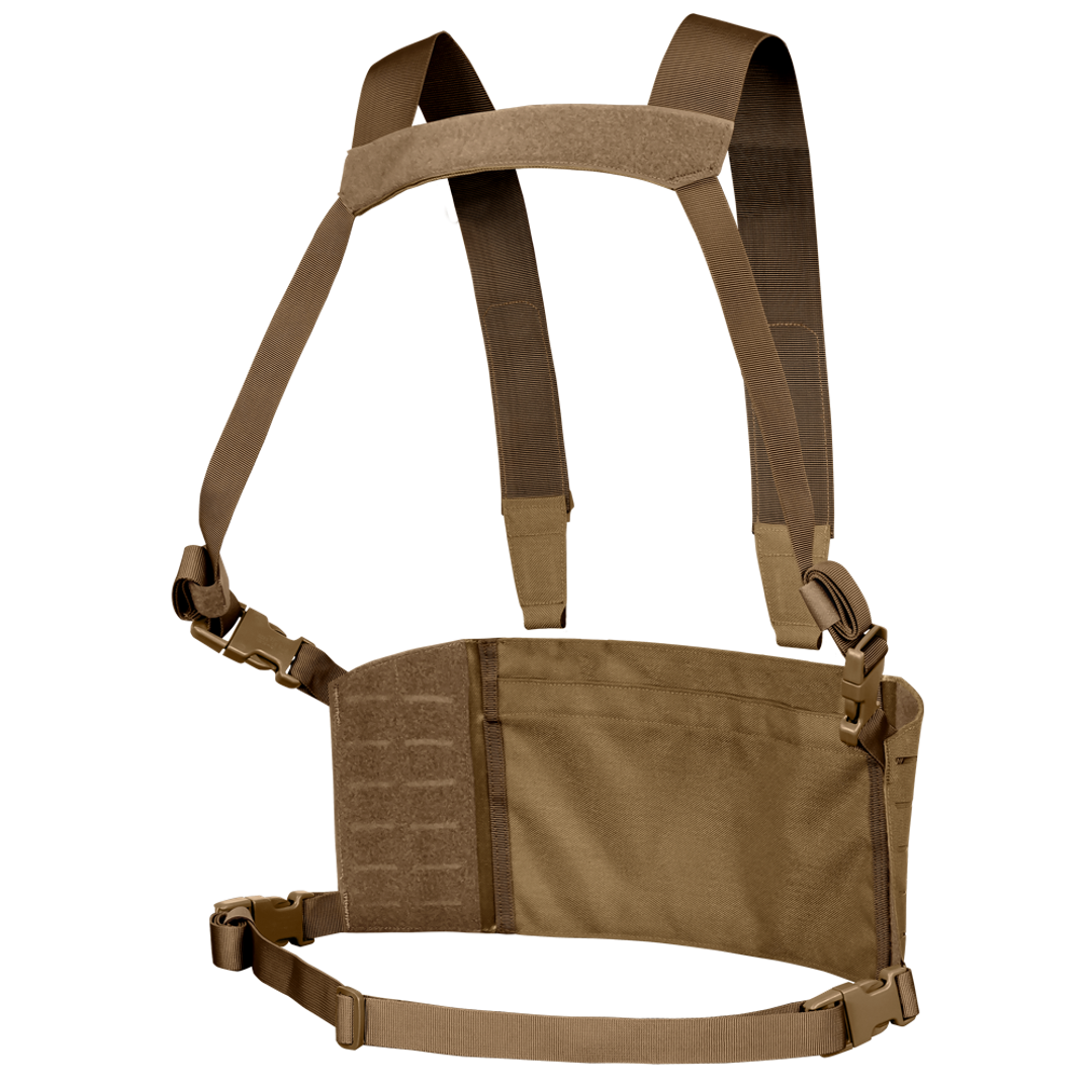 The Condor LCS VAS Harness Kit features adjustable shoulder and waist straps, a military-style Velcro front panel, and multiple attachment points—perfect for the range or EDC—shown on a transparent background.