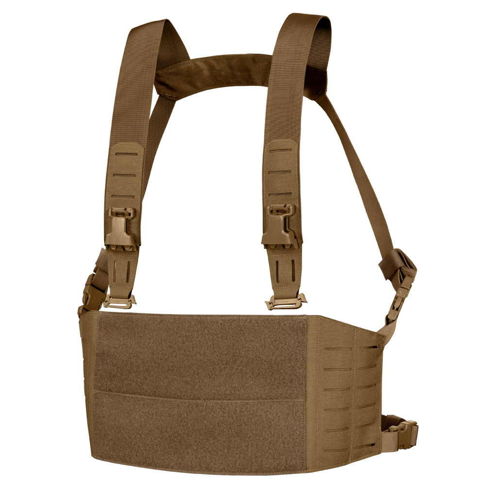 The Condor LCS VAS Harness Kit is a brown tactical chest rig featuring adjustable shoulder straps, MOLLE webbing, and a front hook-and-loop panel, ideal for military or shooting range use, shown on a transparent background.