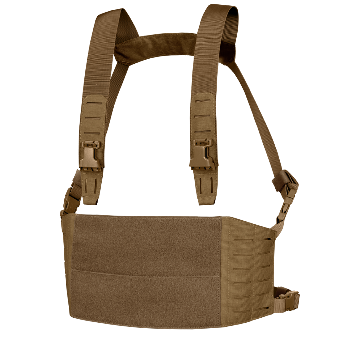 The Condor LCS VAS Harness Kit is a brown tactical chest rig with adjustable shoulder straps, side buckles, MOLLE webbing, and a flat front panel—perfect for law enforcement or EDC use at the range.