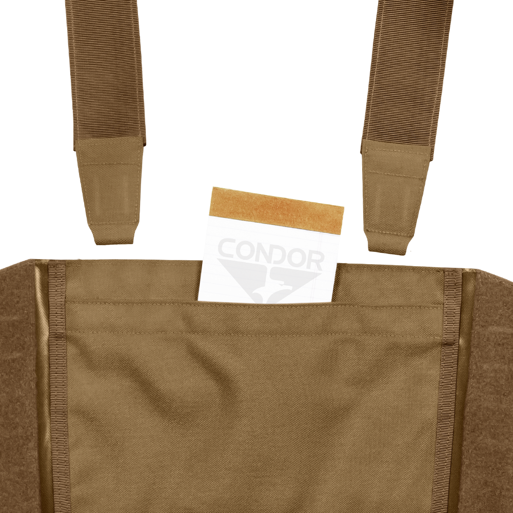 A tan envelope is partially tucked into the front pocket of a Condor LCS VAS Harness Kit, a brown utility vest featuring visible straps, often used by military personnel or at shooting ranges.