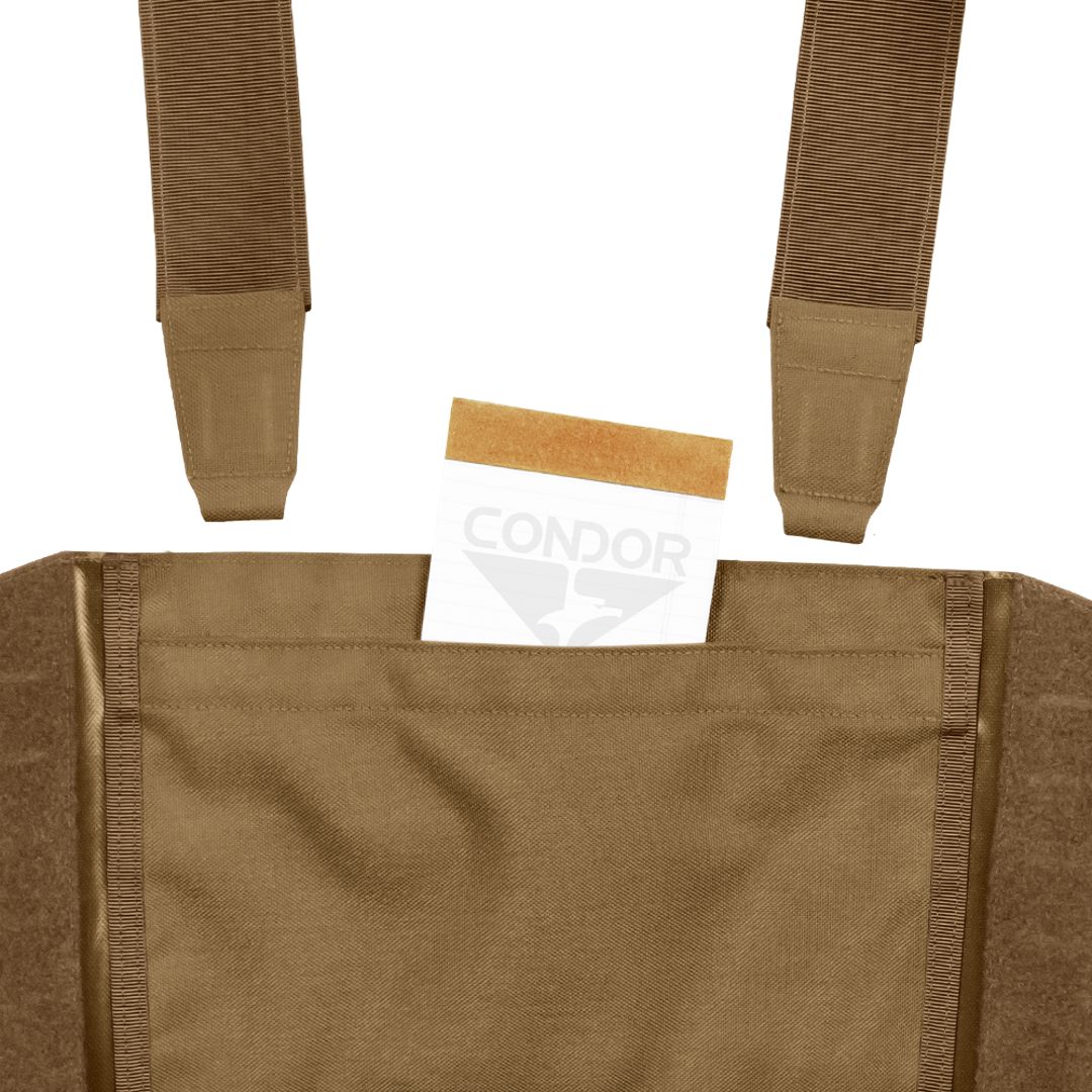A tan envelope is partially tucked into the front pocket of a Condor LCS VAS Harness Kit, a brown utility vest featuring visible straps, often used by military personnel or at shooting ranges.