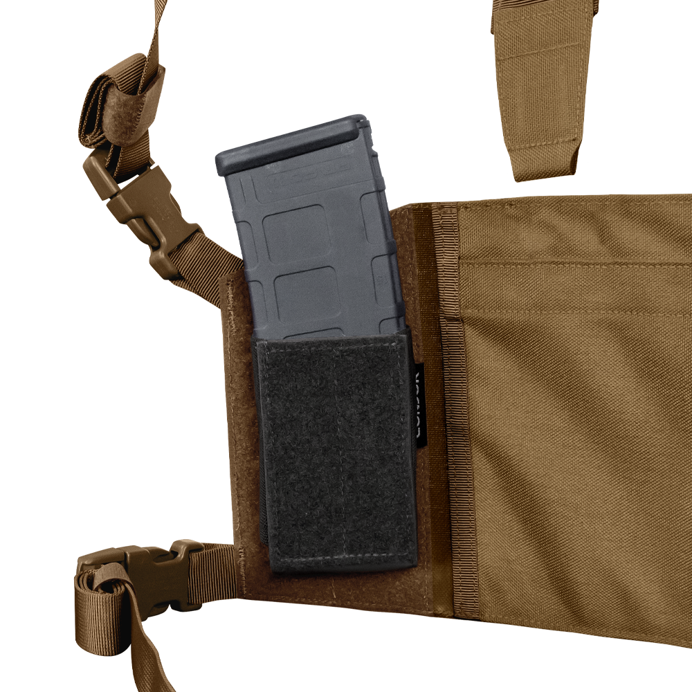 A close-up of the Condor LCS VAS Harness Kit in tan shows a black rifle magazine partially inserted into a Velcro-secured pocket, perfect for first responders or shooting range enthusiasts.