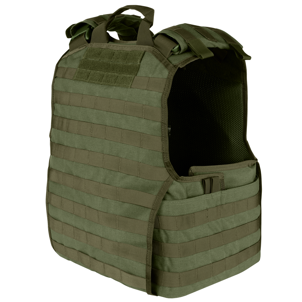 The Condor EXO Plate Carrier Gen II in olive green features MOLLE webbing and adjustable shoulder straps, displayed upright on a plain background.