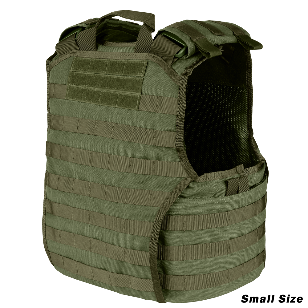 The Condor EXO Plate Carrier Gen II is an olive green tactical vest with adjustable shoulder straps, MOLLE webbing, a side opening, and Small Size marked in the bottom right corner.