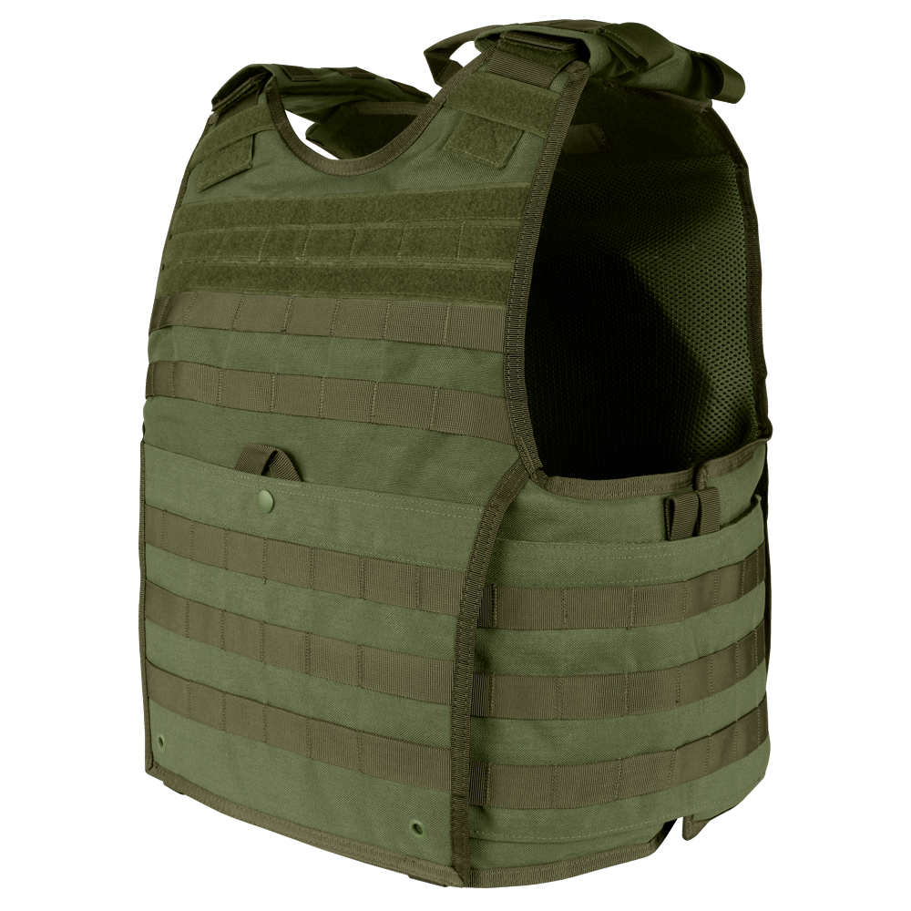 The Condor EXO Plate Carrier Gen II in Olive Drab features MOLLE webbing, adjustable shoulder straps, side openings, and a breathable 3D mesh liner for comfort—ideal for carrying extra gear and providing torso protection.