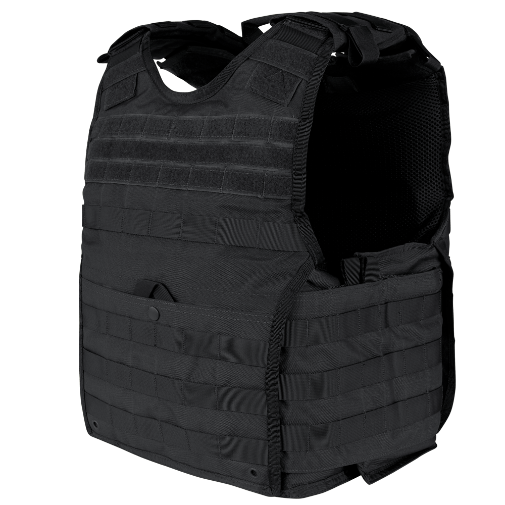 The Condor EXO Plate Carrier Gen II in black features MOLLE webbing, multiple attachment points, adjustable shoulder and side straps for a secure fit, and a 3D mesh liner for comfort—ideal for protective use.