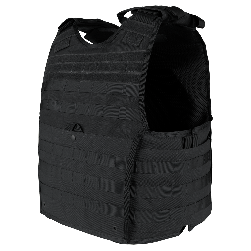 The Condor EXO Plate Carrier Gen II is a black tactical vest with adjustable shoulder straps and multiple MOLLE webbing rows, designed for military use or range protection while carrying essential gear.
