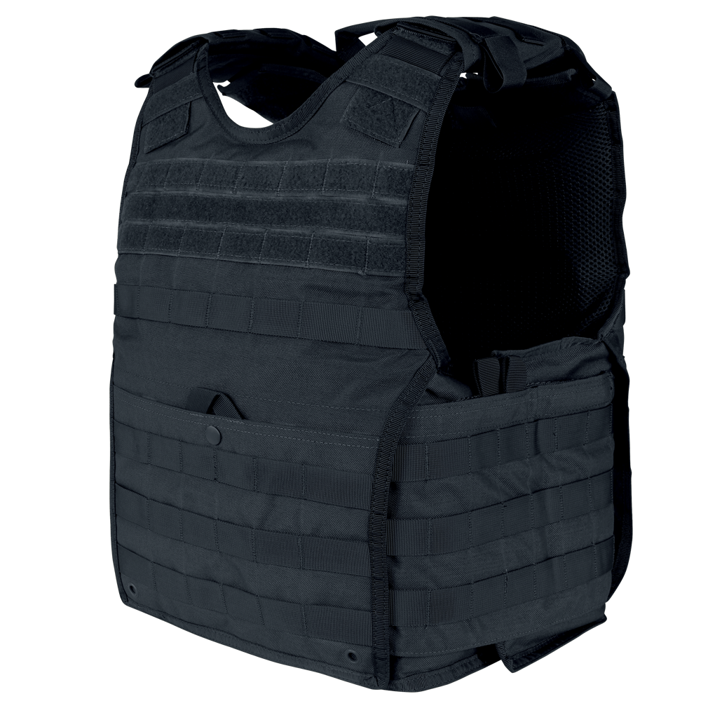 The Condor EXO Plate Carrier Gen II in navy features adjustable shoulder straps, a 3D mesh liner for comfort, and multiple MOLLE webbing points for personal protection and gear carrying.