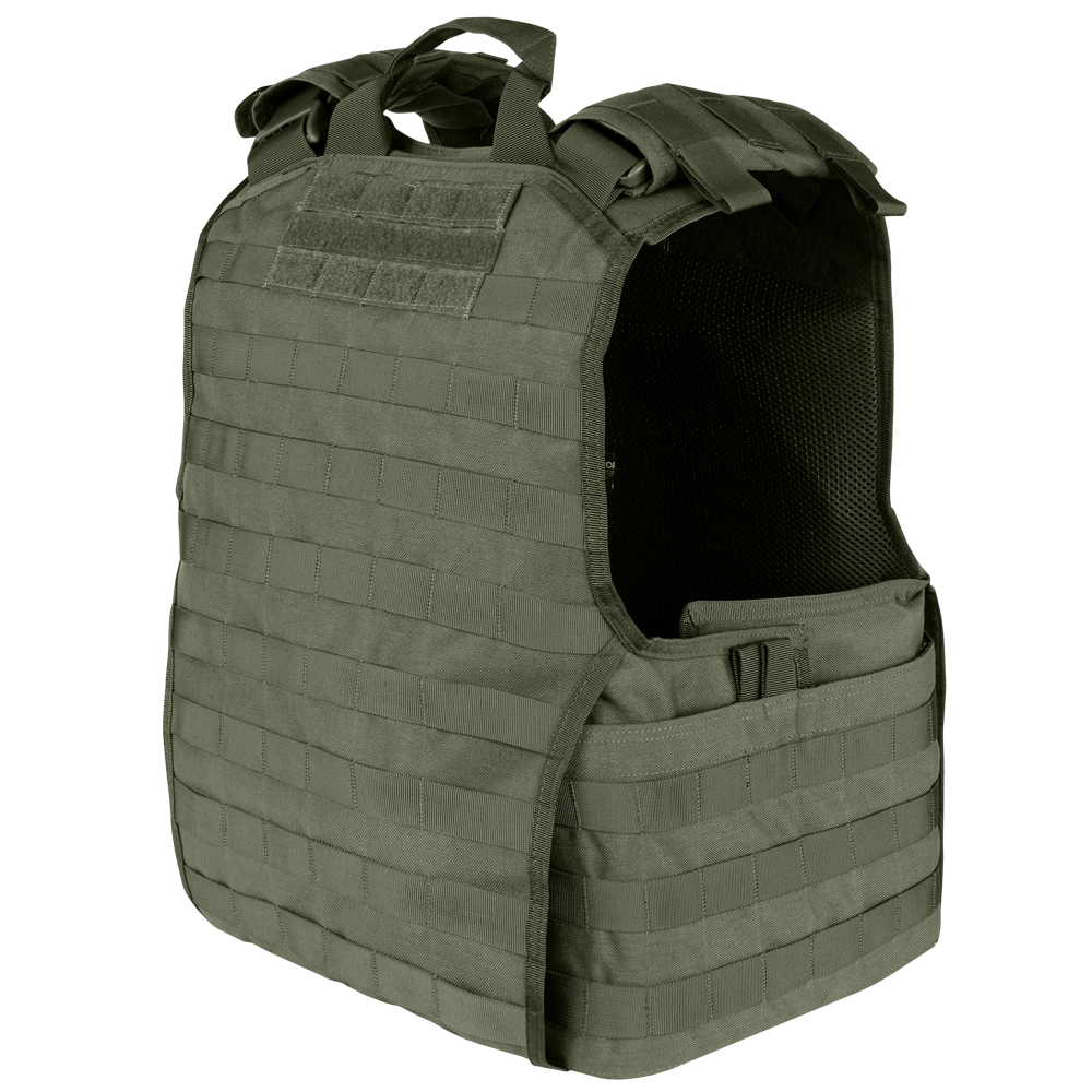 The Condor EXO Plate Carrier Gen II is an olive-green tactical vest featuring multiple horizontal webbing straps and shoulder handles, designed for attaching gear and providing protection—ideal for law enforcement or first responders.