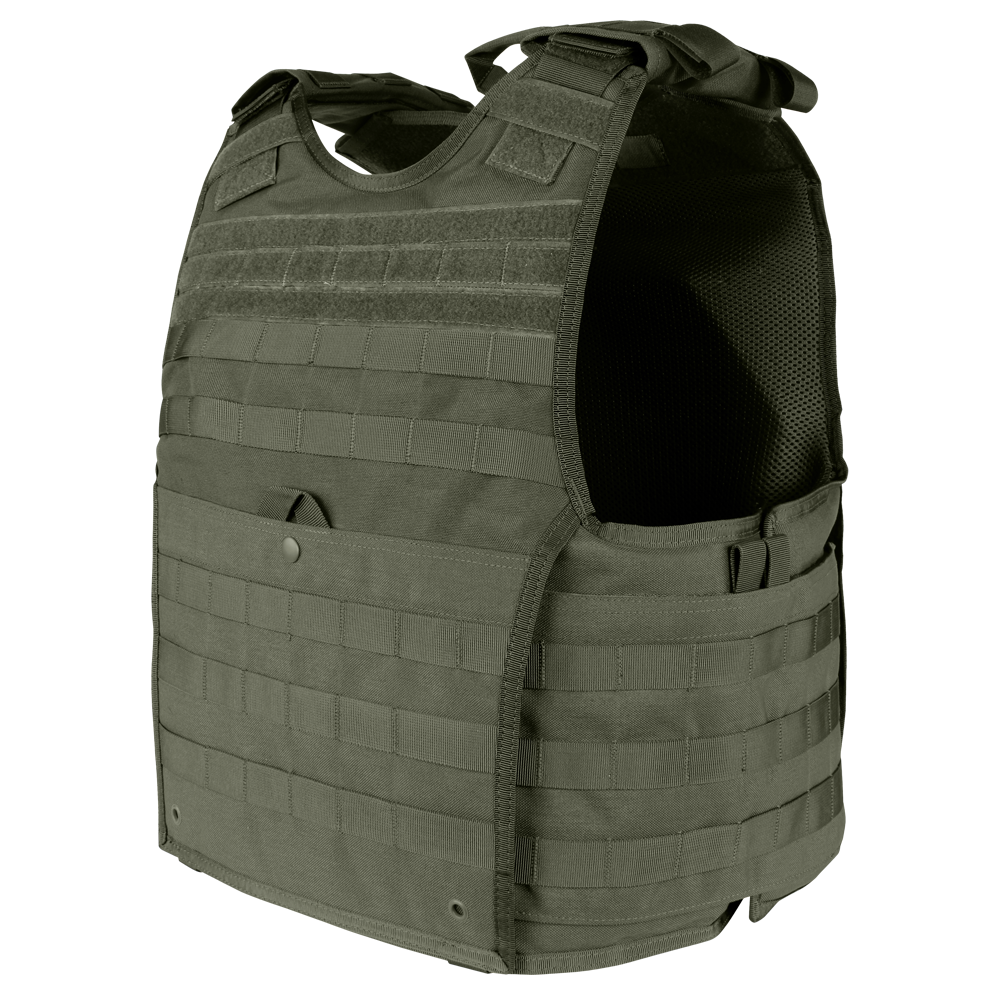 The Condor EXO Plate Carrier Gen II in olive green features multiple rows of MOLLE webbing, making it ideal for military use or as essential EDC gear at the range—designed to enhance your personal protection.