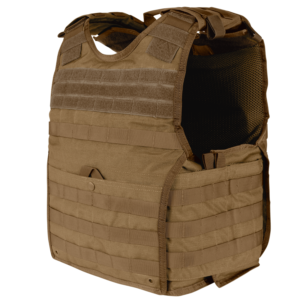 A Condor EXO Plate Carrier Gen II in Coyote Brown with MOLLE webbing, adjustable shoulder straps, and a 3D mesh liner for comfort, displayed standing upright on a white background.