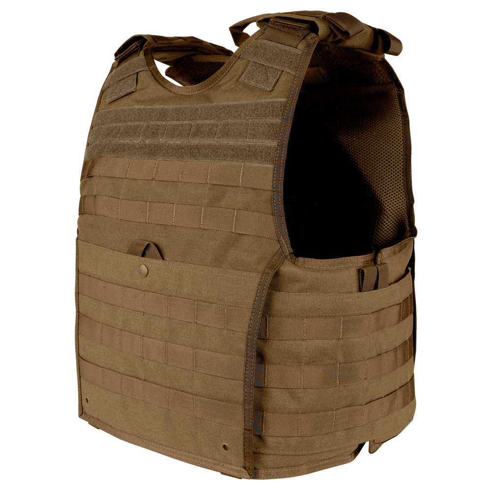 The Condor EXO Plate Carrier Gen II features adjustable straps, multiple MOLLE webbing rows, and a padded interior for military or first responders, shown in brown against a plain background.