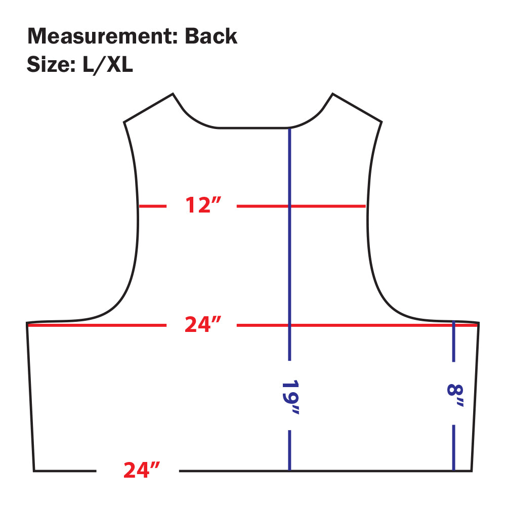 Diagram of the Condor EXO Plate Carrier Gen II (L/XL), ideal for bushcraft or military use, showing 12 shoulder width, 24 across back, 19 height, and 8 armhole drop.