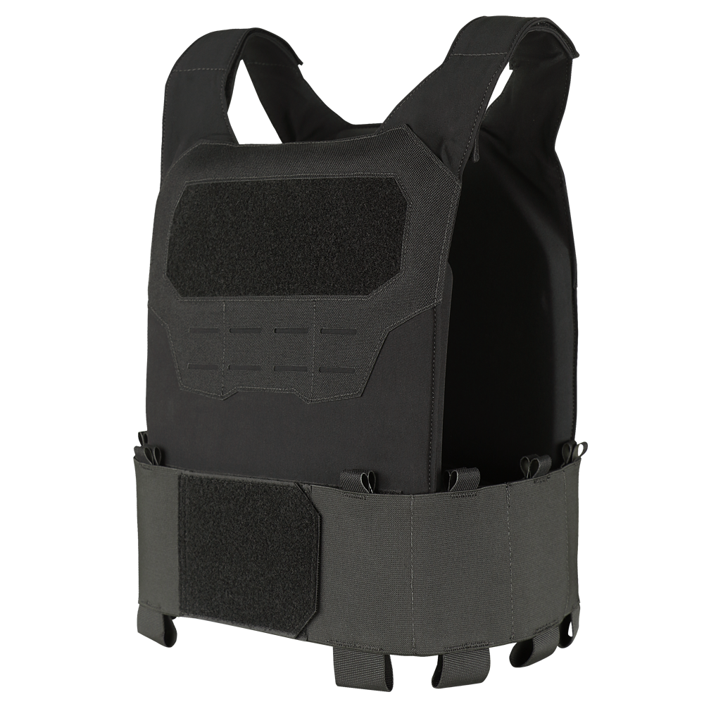 The Condor Specter Plate Carrier, a black tactical vest with adjustable straps and Velcro panels, designed for military or law enforcement use, is displayed against a plain background.