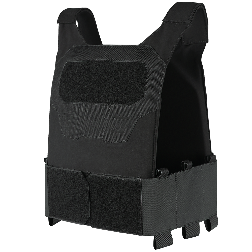 The Condor Specter Plate Carrier is a black tactical vest with adjustable straps and Velcro panels on the front and waist, designed for military or law enforcement use.
