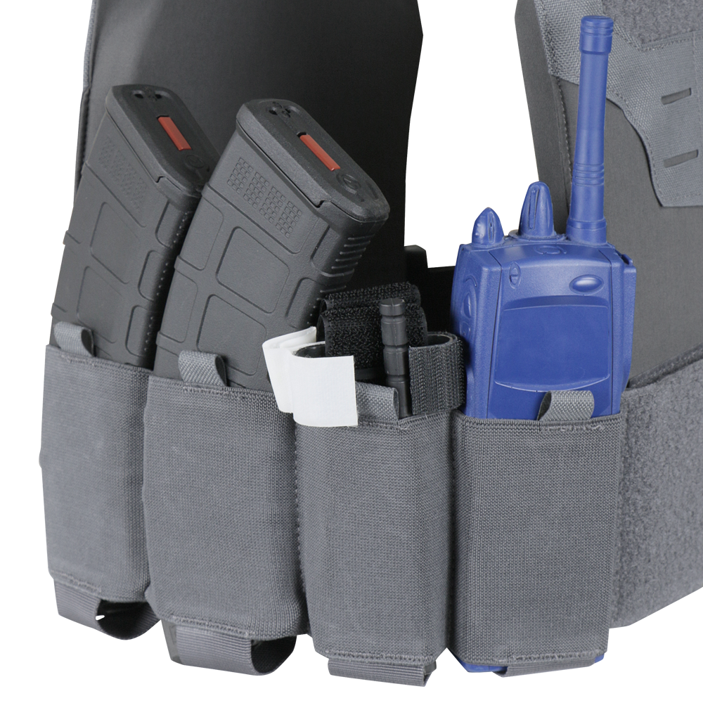 Close-up of three tactical pouches on the Condor Specter Plate Carrier, holding two black rifle magazines, a blue radio, and a black marker—essential gear for first responders or military professionals.
