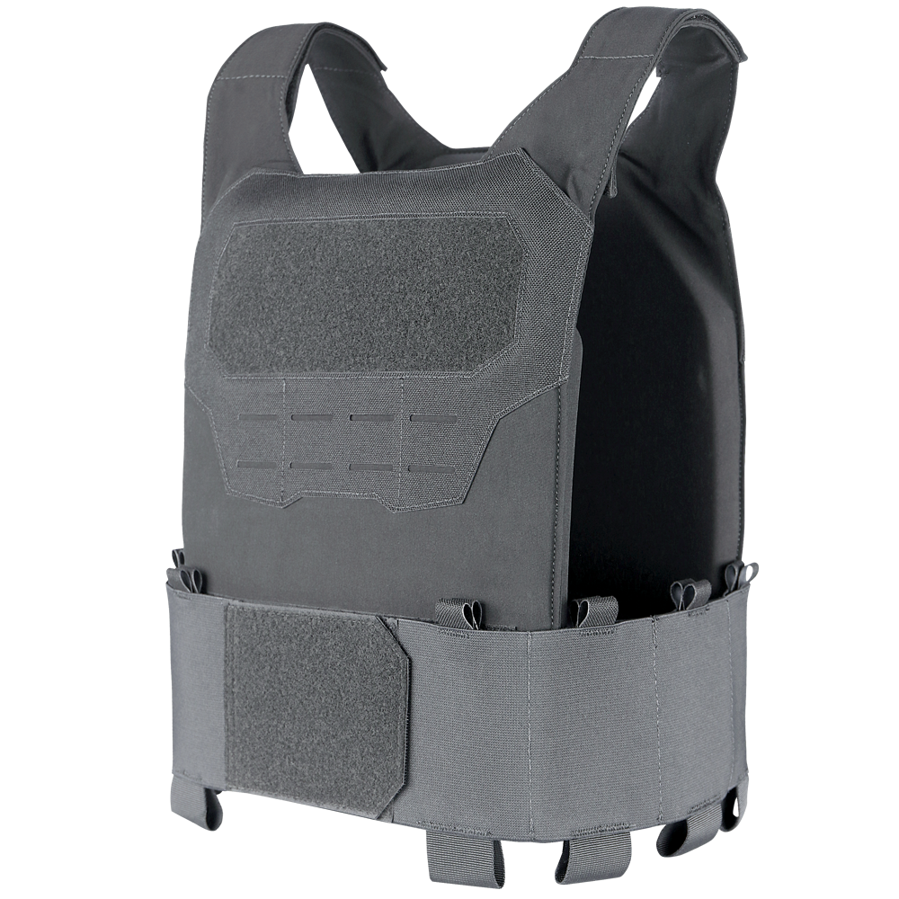 The Condor Specter Plate Carrier is a black vest with adjustable straps and Velcro panels on the front and waist, designed for use with body armor plates—ideal for first responders and law enforcement.