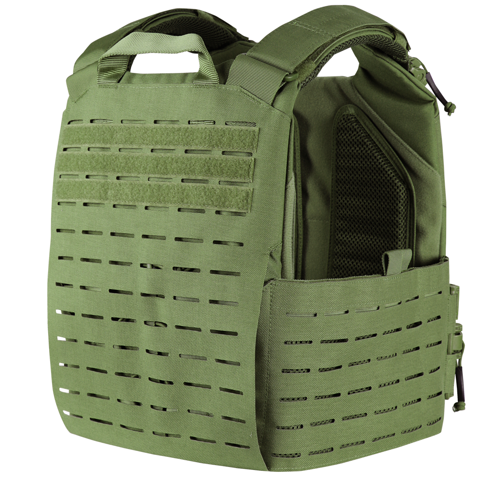 The Condor Vanquish RS Plate Carrier is a green tactical vest with laser-cut MOLLE webbing and padded shoulder straps, ideal for military or first responders to carry armor plates and essential EDC gear.