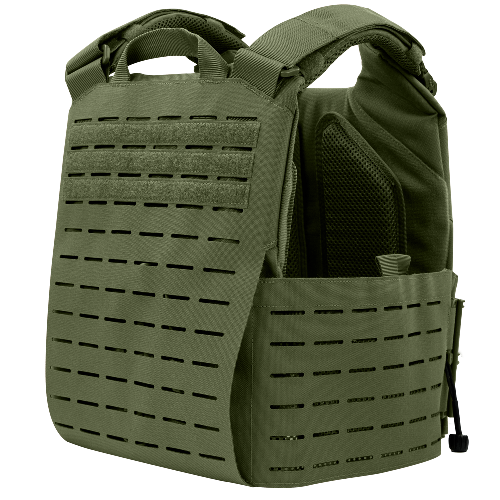 The Condor Vanquish RS Plate Carrier in olive green features laser-cut MOLLE slots, padded shoulder straps, and an adjustable cummerbund, shown on a white background.