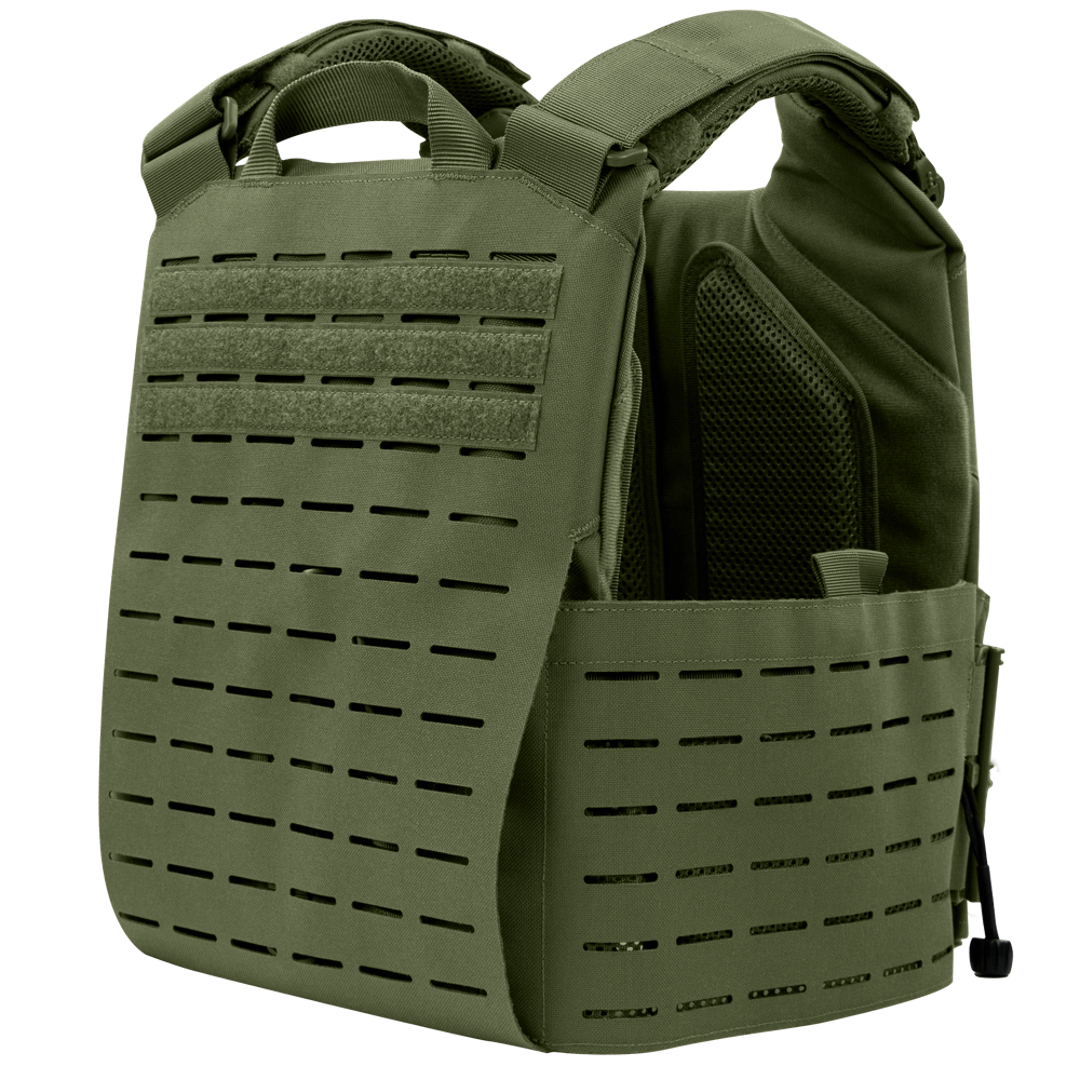 The Condor Vanquish RS Plate Carrier in olive green features laser-cut MOLLE slots, padded shoulder straps, and an adjustable cummerbund, shown on a white background.