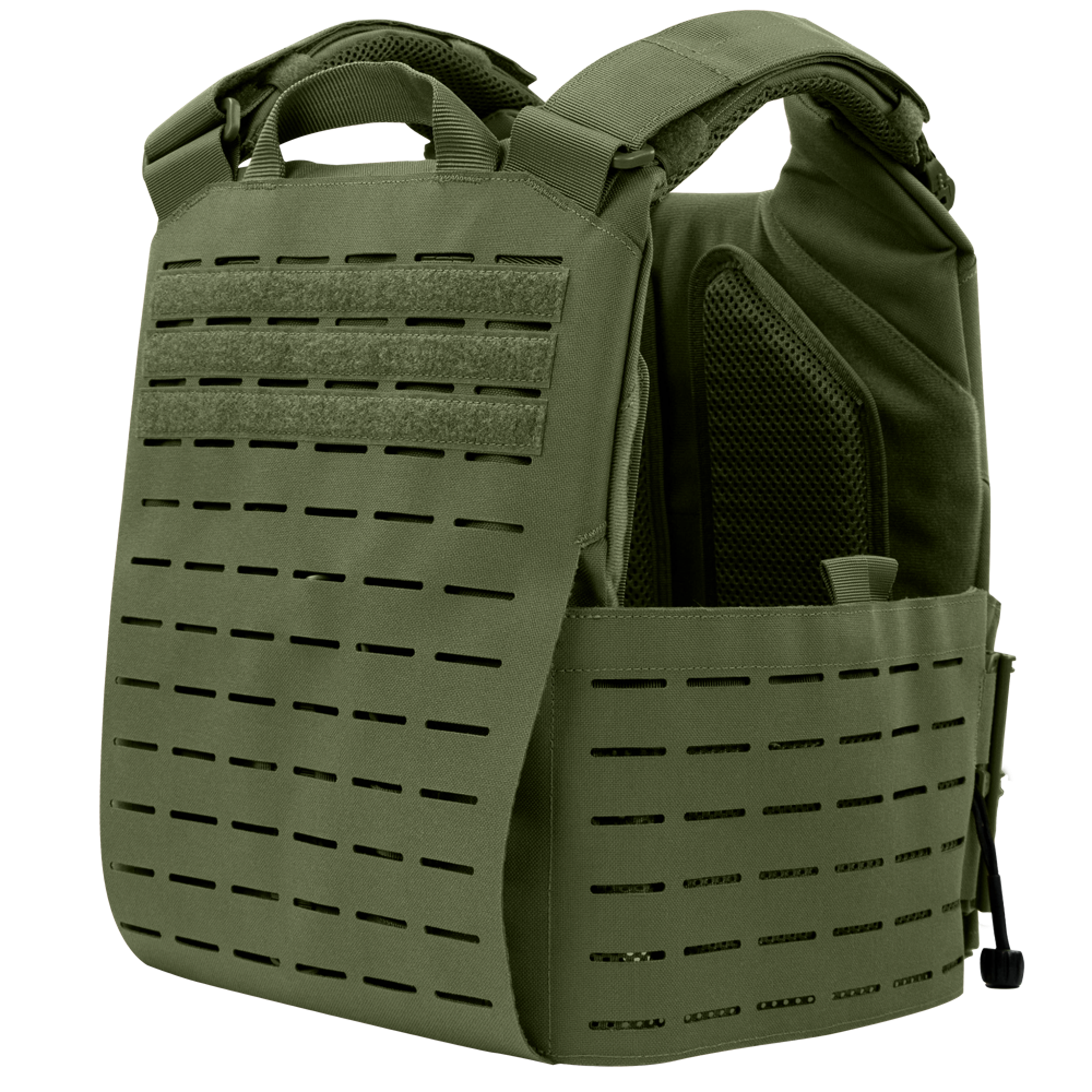 The Condor Vanquish RS Plate Carrier, in olive green, features laser-cut MOLLE slots, reinforced handles, and padded shoulder straps, shown against a white background.